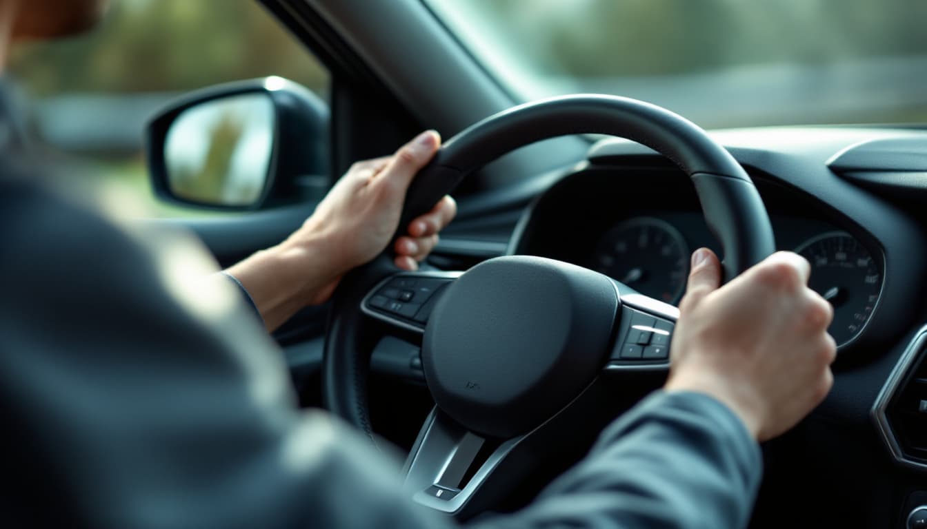 Fahrstunde: Hände am Lenkrad eines Fahrschulautos
