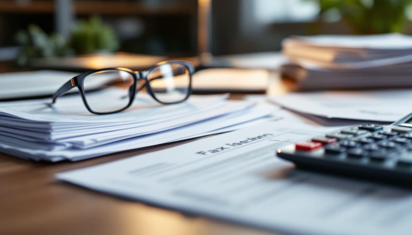 Steuerunterlagen mit Taschenrechner und Brille auf dem Schreibtisch