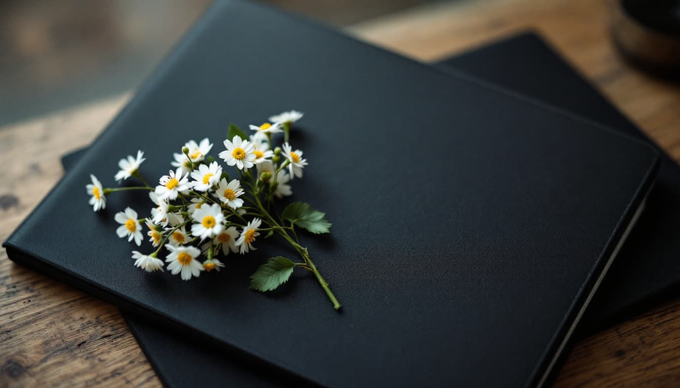Weiße Blumen neben einer geschlossenen Dokumentenmappe — Behördengänge im Trauerfall